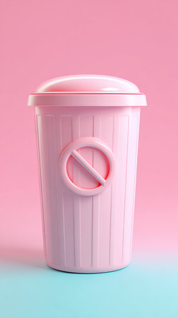 A pink trash can with a lid, set against a pastel pink and blue backdrop.の素材