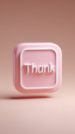 A close-up shot of a pink button with the word Thank you on it.の素材