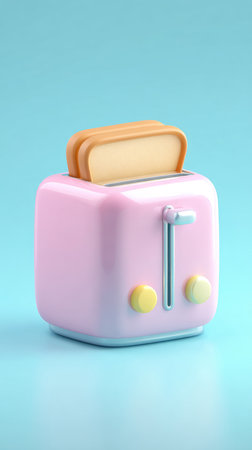 A pink toaster with a slice of bread on a blue background, perfect for breakfast.の素材