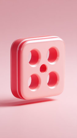 A close-up shot of a pink square object with a unique design featuring rounded corners and holes.の素材