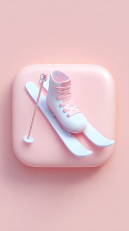 A minimalist illustration of a ski boot and skis on a pink background, perfect for winter sports themes.の素材