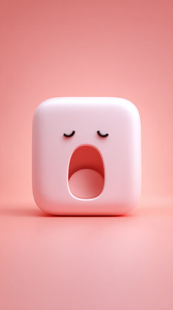 A pink, square-shaped object with a face, yawning, on a pink background.の素材