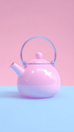 A pink teapot with a handle on a pastel background, minimalist design.の素材