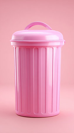 A pink trash can with a handle on a pink background. The trash can is empty.の素材