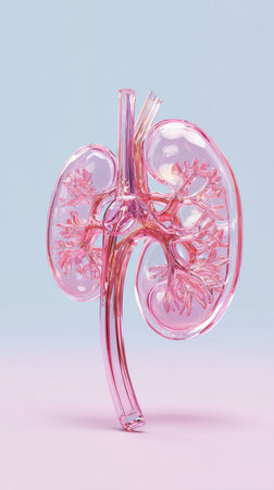 Detailed anatomical illustration of a transparent kidney, ideal for medical education and scientific presentations.の素材