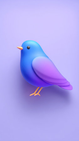 A charming illustration of a blue bird with purple wings, set against a soft lavender backdrop.の素材