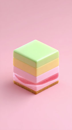 A vibrant, layered cube dessert with pastel colors on a pink backdrop. A visually appealing treat.の素材