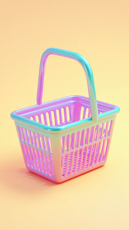 A close-up shot of a small, colorful plastic basket with a handle, set against a soft yellow backdrop.の素材