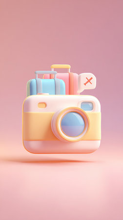 A cute camera with luggage on top, in pastel colors, perfect for travel and photography.の素材