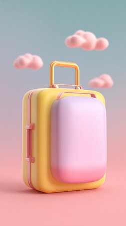 A vibrant image of a suitcase with clouds, symbolizing travel and vacation.の素材