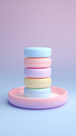 A stack of colorful macarons on a pink plate against a pastel background.の素材