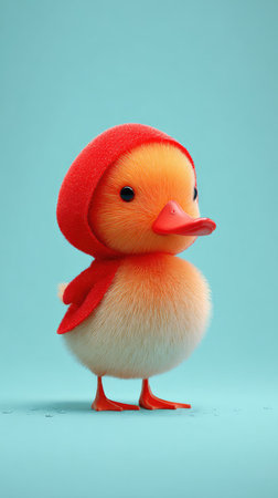 A charming cartoon duckling with a red hood stands out against a vibrant blue backdrop.の素材