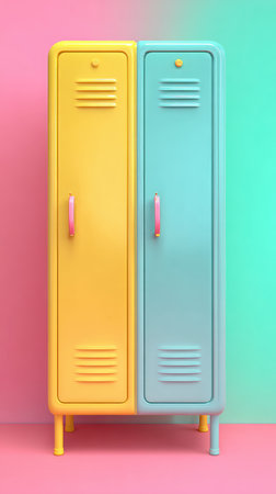Two colorful lockers, yellow and blue, stand against a pink and teal background.の素材