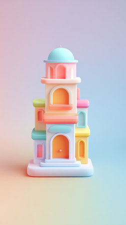 A vibrant, multi-tiered toy castle with pastel colors, perfect for imaginative play and decoration.の素材