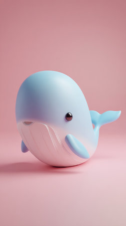 A charming cartoon whale toy in light blue and white, set against a soft pink backdrop, perfect for childrens themes.の素材