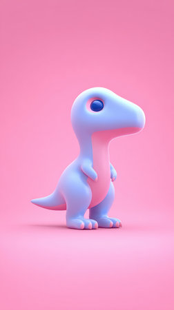 A charming illustration of a blue dinosaur toy set against a soft pink backdrop. The image is clean and appealing.の素材