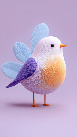 A charming illustration of a fluffy bird with a white body, orange beak, and delicate wings.の素材