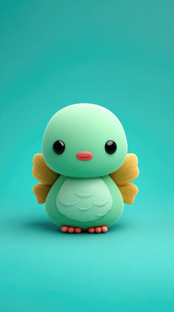 A charming green bird figurine with large black eyes, small yellow wings, and a red beak, set against a turquoise background.の素材