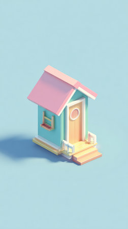 A charming illustration of a small house with a pink roof and a blue background. Perfect for design.の素材