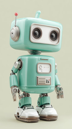 A charming, vintage-style robot with a mint-green body, standing in a studio setting.の素材