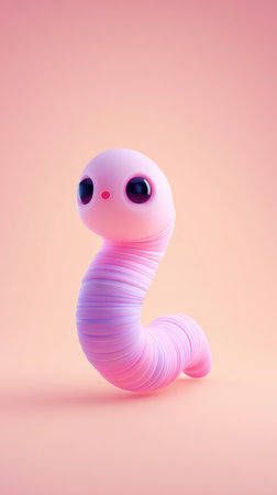 A charming illustration of a worm-like creature with large eyes and a soft color palette.の素材