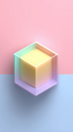 A modern abstract image of a cube with a transparent outer layer and a pastel-colored inner cube, set against a two-tone background.の素材