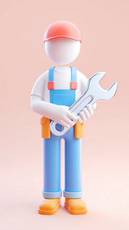 Cartoon mechanic character with a wrench, ready to fix things. Perfect for repair and service concepts.の素材