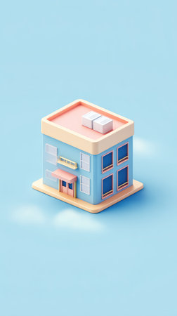 A 3D rendered illustration of a building with a light blue color scheme, set against a soft blue backdrop.の素材