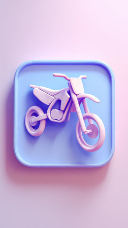 A 3D rendered motorcycle icon in a blue square, perfect for app icons and design elements.の素材