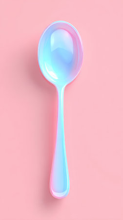 A close-up shot of an iridescent spoon against a pink backdrop, showcasing its unique color and design.の素材