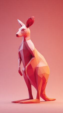 A low poly illustration of a kangaroo in pink and orange tones. The image is a digital art piece.の素材