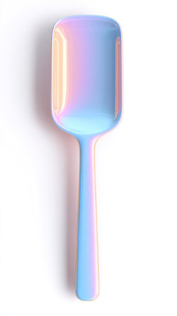 A close-up shot of an iridescent spoon with a rectangular bowl and a long handle, isolated on a white background.の素材
