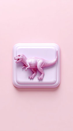 A pink dinosaur toy placed on a pink surface, with a matching pink background.の素材