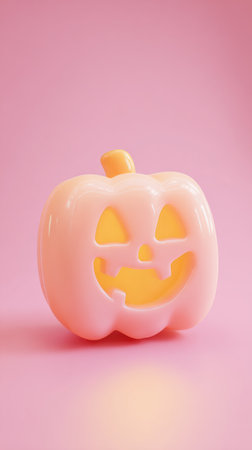 A close-up of a pink Halloween pumpkin decoration with a smiling face, set against a pink background.の素材