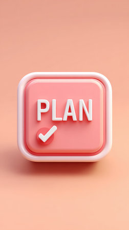 A pink plan icon with a checkmark, perfect for illustrating planning and organization.の素材