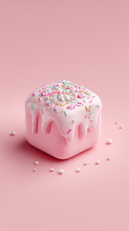 A close-up shot of a pink cube-shaped cake with sprinkles and icing, perfect for dessert.の素材
