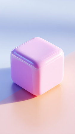 A close-up shot of a pink cube with rounded edges, placed on a gradient surface, illuminated by soft lighting.の素材