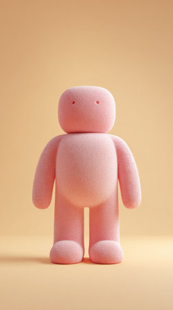 A pink, minimalist figure stands, its form simple and inviting, on a plain background.の素材