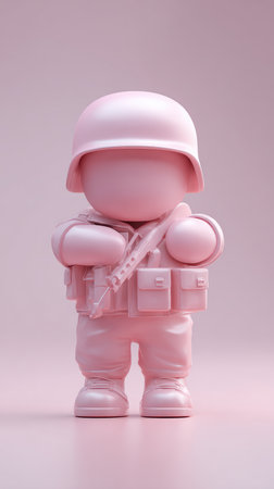 A pink toy soldier figure, minimalist design, artistic representation, standing on a pink background.の素材