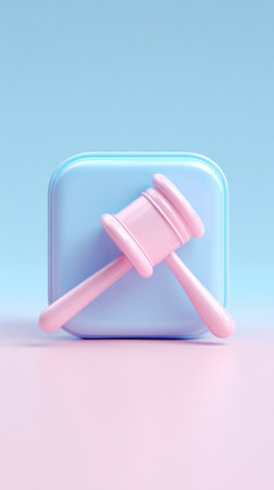 A pink gavel is placed on a blue square, creating a pastel color scheme.の素材