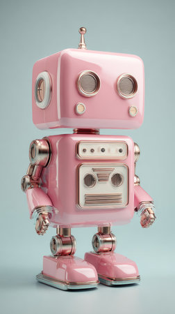 A cute pink robot toy with a square head and body.の素材