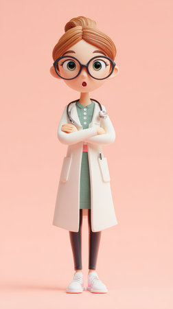 A cartoon illustration of a female doctor wearing glasses and a stethoscope, with arms crossed.の素材