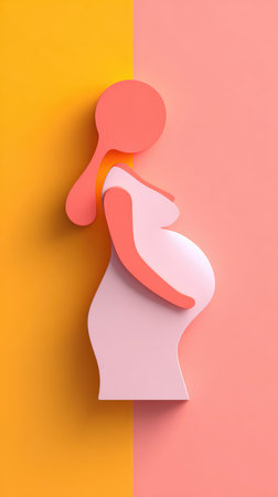 A paper cutout silhouette of a pregnant woman against a vibrant yellow and pink background.の素材