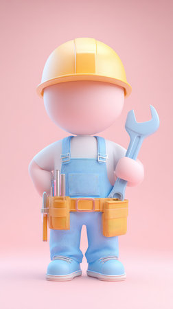 A cartoon construction worker wearing a hard hat, overalls, and tool belt, holding a wrench.の素材