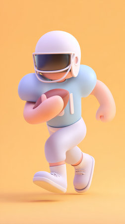 A cartoon illustration of a football player running with the ball, wearing a helmet and uniform.の素材