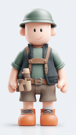 A 3D rendered cartoon explorer with a hat, binoculars, and adventure gear.の素材