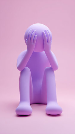 A purple figure sits with hands covering face, set against a pink backdrop.の素材