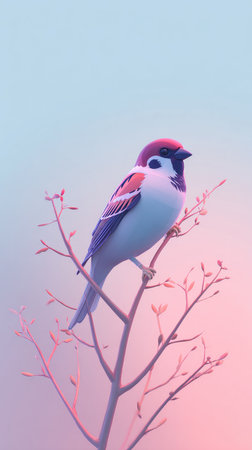 A beautiful sparrow perched on a delicate branch, bathed in soft pastel light.の素材