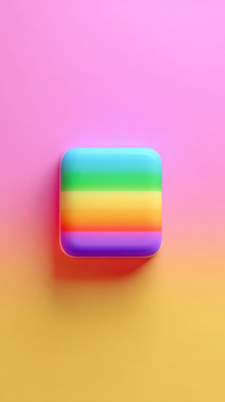 A vibrant, rainbow-colored square object is centered against a gradient background of pink and yellow.の素材