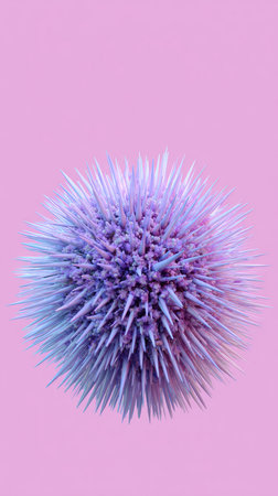 A close-up shot of a purple sphere with a spiky texture against a pink background.の素材